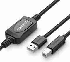 "UGREEN US122 10 m active USB A to B printer cable" "USB 2.0 printer extension cable with chipset 10 m" "Long‑distance active printer cable plug and play" "Black USB A to B cable with amplifier chipset" "Extended connection to printer via USB cable" "Active USB 2.0 cable for scanner or printer"