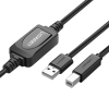 UGREEN US122 USB 2.0 A to B 15M cable coiled neatly Close-up of USB-A male and USB-B male connectors UGREEN 10362 cable connected to a printer from a distant PC UGREEN 15-meter active USB printer cable packaging USB 2.0 active extension cable for printers by UGREEN Office setup using UGREEN US122 15M USB printer cable