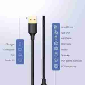 UGREEN US132 0.25m cable close-up showing USB-A and Mini-USB ends UGREEN USB-A to Mini-USB cable connected to a camera Flat lay of UGREEN 10353 cable on a desk setup USB 2.0 Mini-USB cable with compact 25cm design Retail packaging of UGREEN US132 cable UGREEN US132 in use with a GPS unit and power bank