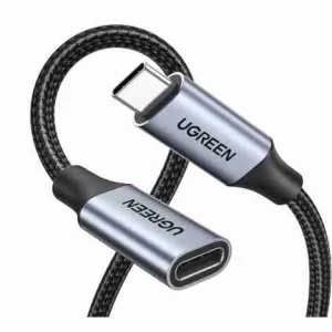 UGREEN US372 USB-C 3.1 Extension Cable side view Close-up of male and female USB-C connectors UGREEN 30205 connected to USB-C laptop UGREEN USB-C extension used with docking station Braided UGREEN 0.45m cable in use Retail packaging of UGREEN US372 10Gbps USB-C extension cable