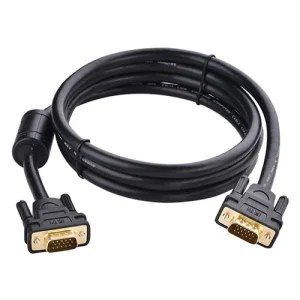 UGREEN VG101 VGA 1.5m cable front view VGA male connectors with gold plating Ferrite core shielding on UGREEN VGA cable VG101 connected to monitor and laptop UGREEN VGA cable in retail packaging 1.5-meter VGA cable used in conference setup