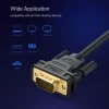 UGREEN VG101 VGA 1.5m cable front view VGA male connectors with gold plating Ferrite core shielding on UGREEN VGA cable VG101 connected to monitor and laptop UGREEN VGA cable in retail packaging 1.5-meter VGA cable used in conference setup