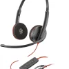 Poly Blackwire 3220 stereo USB-C headset with USB-C/A adapter on white background