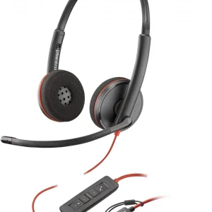 Poly Blackwire 3220 stereo USB-C headset with USB-C/A adapter on white background