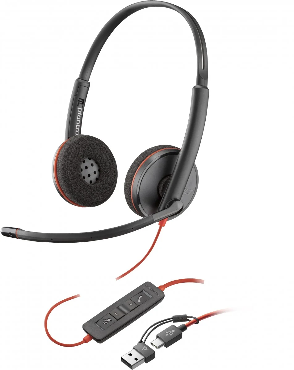 Poly Blackwire 3220 stereo USB-C headset with USB-C/A adapter on white background
