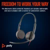 Poly Blackwire 3225 wired stereo headset with USB-C, USB-A adapter, and 3.5 mm connector