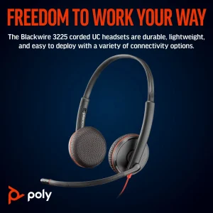 Poly Blackwire 3225 wired stereo headset with USB-C, USB-A adapter, and 3.5 mm connector
