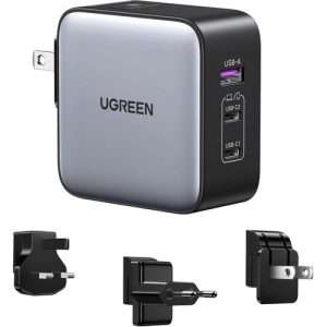 UGREEN 65W 3-Port GaN Fast Charger with Interchangeable UK/US/EU Plugs - CD296