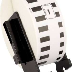 Brother DK-22210 continuous paper label roll front view Brother DK-22210 label roll 29mm width black on white Brother DK-22210 installed in Brother QL label printer Continuous label roll DK-22210 being cut to custom length Brother DK-22210 label roll packaging view Printed address label using Brother DK-22210 continuous roll