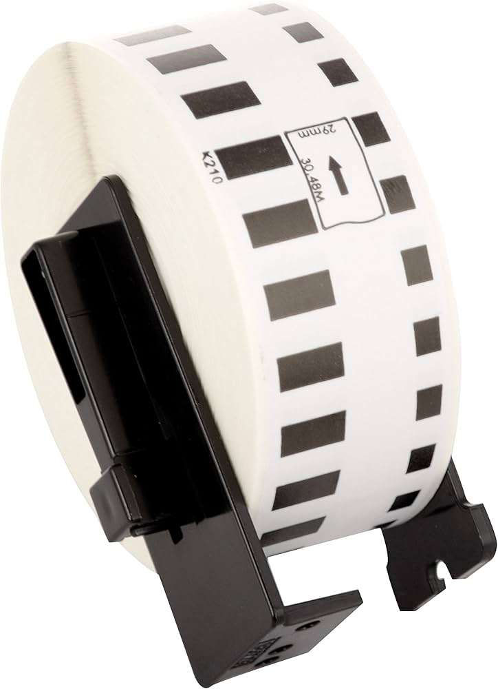 Brother DK-22210 continuous paper label roll front view Brother DK-22210 label roll 29mm width black on white Brother DK-22210 installed in Brother QL label printer Continuous label roll DK-22210 being cut to custom length Brother DK-22210 label roll packaging view Printed address label using Brother DK-22210 continuous roll