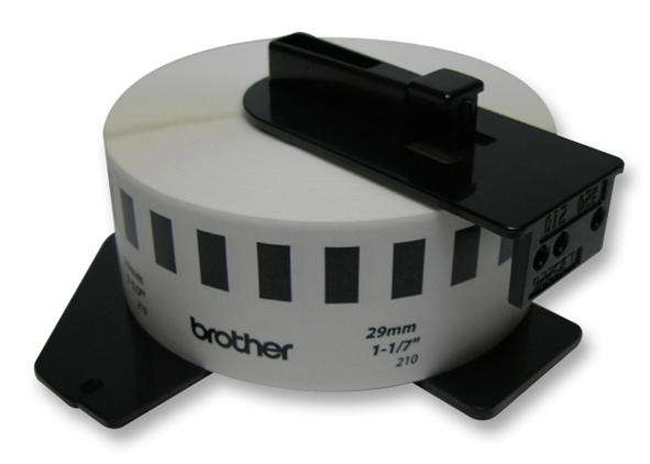 Brother DK-22210 continuous paper label roll front view Brother DK-22210 label roll 29mm width black on white Brother DK-22210 installed in Brother QL label printer Continuous label roll DK-22210 being cut to custom length Brother DK-22210 label roll packaging view Printed address label using Brother DK-22210 continuous roll