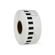 Brother DK-22210 continuous paper label roll front view Brother DK-22210 label roll 29mm width black on white Brother DK-22210 installed in Brother QL label printer Continuous label roll DK-22210 being cut to custom length Brother DK-22210 label roll packaging view Printed address label using Brother DK-22210 continuous roll