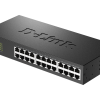 D-Link DES-1024D/B front panel with 24 Fast Ethernet ports Side view of fanless metal chassis on DES-1024D/B switch DES-1024D/B rack-mounted in a 19-inch cabinet LED status indicators on D-Link DES-1024D/B front panel DES-1024D/B desktop setup connecting office PCs and printers Top view of D-Link DES-1024D/B unmanaged switch in a small office