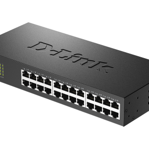 D-Link DES-1024D/B front panel with 24 Fast Ethernet ports Side view of fanless metal chassis on DES-1024D/B switch DES-1024D/B rack-mounted in a 19-inch cabinet LED status indicators on D-Link DES-1024D/B front panel DES-1024D/B desktop setup connecting office PCs and printers Top view of D-Link DES-1024D/B unmanaged switch in a small office