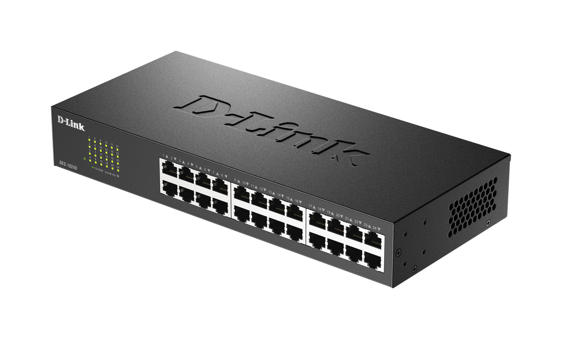D-Link DES-1024D/B front panel with 24 Fast Ethernet ports Side view of fanless metal chassis on DES-1024D/B switch DES-1024D/B rack-mounted in a 19-inch cabinet LED status indicators on D-Link DES-1024D/B front panel DES-1024D/B desktop setup connecting office PCs and printers Top view of D-Link DES-1024D/B unmanaged switch in a small office