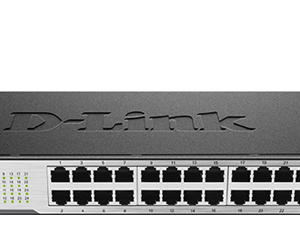 D-Link DES-1024D/B front panel with 24 Fast Ethernet ports Side view of fanless metal chassis on DES-1024D/B switch DES-1024D/B rack-mounted in a 19-inch cabinet LED status indicators on D-Link DES-1024D/B front panel DES-1024D/B desktop setup connecting office PCs and printers Top view of D-Link DES-1024D/B unmanaged switch in a small office
