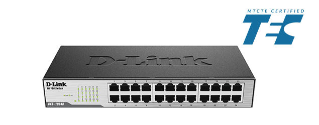 D-Link DES-1024D/B front panel with 24 Fast Ethernet ports Side view of fanless metal chassis on DES-1024D/B switch DES-1024D/B rack-mounted in a 19-inch cabinet LED status indicators on D-Link DES-1024D/B front panel DES-1024D/B desktop setup connecting office PCs and printers Top view of D-Link DES-1024D/B unmanaged switch in a small office