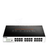 D-Link DES-1024D/B front panel with 24 Fast Ethernet ports Side view of fanless metal chassis on DES-1024D/B switch DES-1024D/B rack-mounted in a 19-inch cabinet LED status indicators on D-Link DES-1024D/B front panel DES-1024D/B desktop setup connecting office PCs and printers Top view of D-Link DES-1024D/B unmanaged switch in a small office