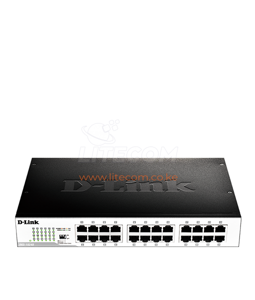D-Link DES-1024D/B front panel with 24 Fast Ethernet ports Side view of fanless metal chassis on DES-1024D/B switch DES-1024D/B rack-mounted in a 19-inch cabinet LED status indicators on D-Link DES-1024D/B front panel DES-1024D/B desktop setup connecting office PCs and printers Top view of D-Link DES-1024D/B unmanaged switch in a small office