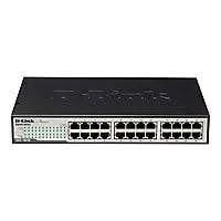 D-Link DES-1024D/B front panel with 24 Fast Ethernet ports Side view of fanless metal chassis on DES-1024D/B switch DES-1024D/B rack-mounted in a 19-inch cabinet LED status indicators on D-Link DES-1024D/B front panel DES-1024D/B desktop setup connecting office PCs and printers Top view of D-Link DES-1024D/B unmanaged switch in a small office