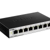“D-Link DGS-1100-08PV2 8-port Gigabit PoE smart switch front view” “Back view of D-Link DGS-1100-08PV2 showing 8 PoE+ ports” “Compact fanless D-Link DGS-1100-08PV2 desktop switch” “D-Link DGS-1100-08PV2 powering IP cameras via PoE+” “Web UI VLAN configuration on D-Link DGS-1100-08PV2” “D-Link DGS-1100-08PV2 PoE+ switch in small office setup”