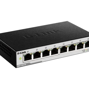 “D-Link DGS-1100-08PV2 8-port Gigabit PoE smart switch front view” “Back view of D-Link DGS-1100-08PV2 showing 8 PoE+ ports” “Compact fanless D-Link DGS-1100-08PV2 desktop switch” “D-Link DGS-1100-08PV2 powering IP cameras via PoE+” “Web UI VLAN configuration on D-Link DGS-1100-08PV2” “D-Link DGS-1100-08PV2 PoE+ switch in small office setup”
