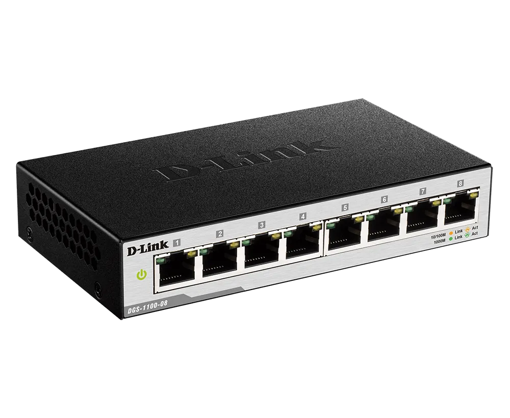 “D-Link DGS-1100-08PV2 8-port Gigabit PoE smart switch front view” “Back view of D-Link DGS-1100-08PV2 showing 8 PoE+ ports” “Compact fanless D-Link DGS-1100-08PV2 desktop switch” “D-Link DGS-1100-08PV2 powering IP cameras via PoE+” “Web UI VLAN configuration on D-Link DGS-1100-08PV2” “D-Link DGS-1100-08PV2 PoE+ switch in small office setup”