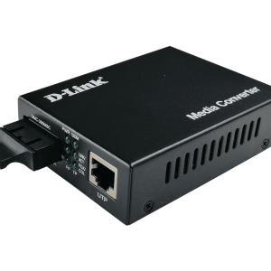D-Link DMC-540SSC fiber media converter front panel view D-Link DMC-540SSC showing RJ-45 and SC fiber ports D-Link DMC-540SSC compact metal housing side view Fiber cable connected to D-Link DMC-540SSC SC port LED indicators on D-Link DMC-540SSC during operation D-Link DMC-540SSC installed in network rack or chassis