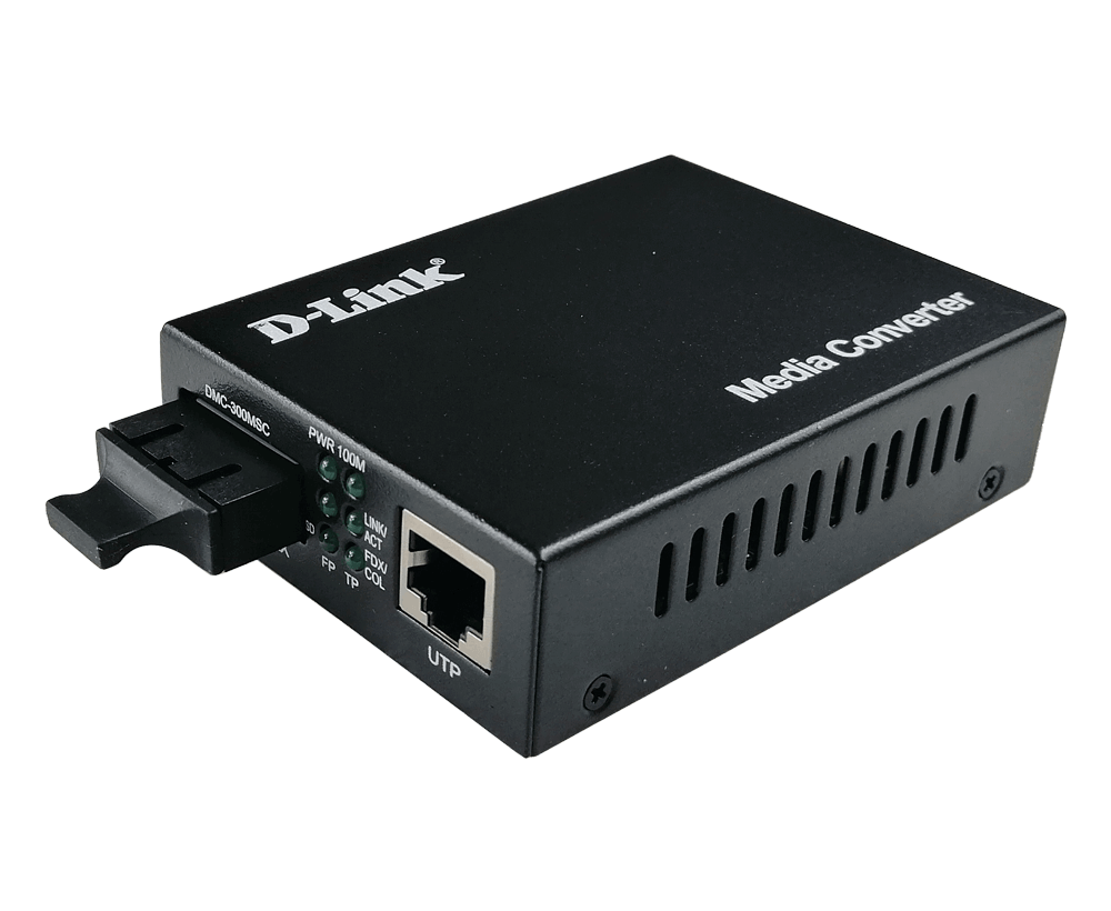 D-Link DMC-540SSC fiber media converter front panel view D-Link DMC-540SSC showing RJ-45 and SC fiber ports D-Link DMC-540SSC compact metal housing side view Fiber cable connected to D-Link DMC-540SSC SC port LED indicators on D-Link DMC-540SSC during operation D-Link DMC-540SSC installed in network rack or chassis
