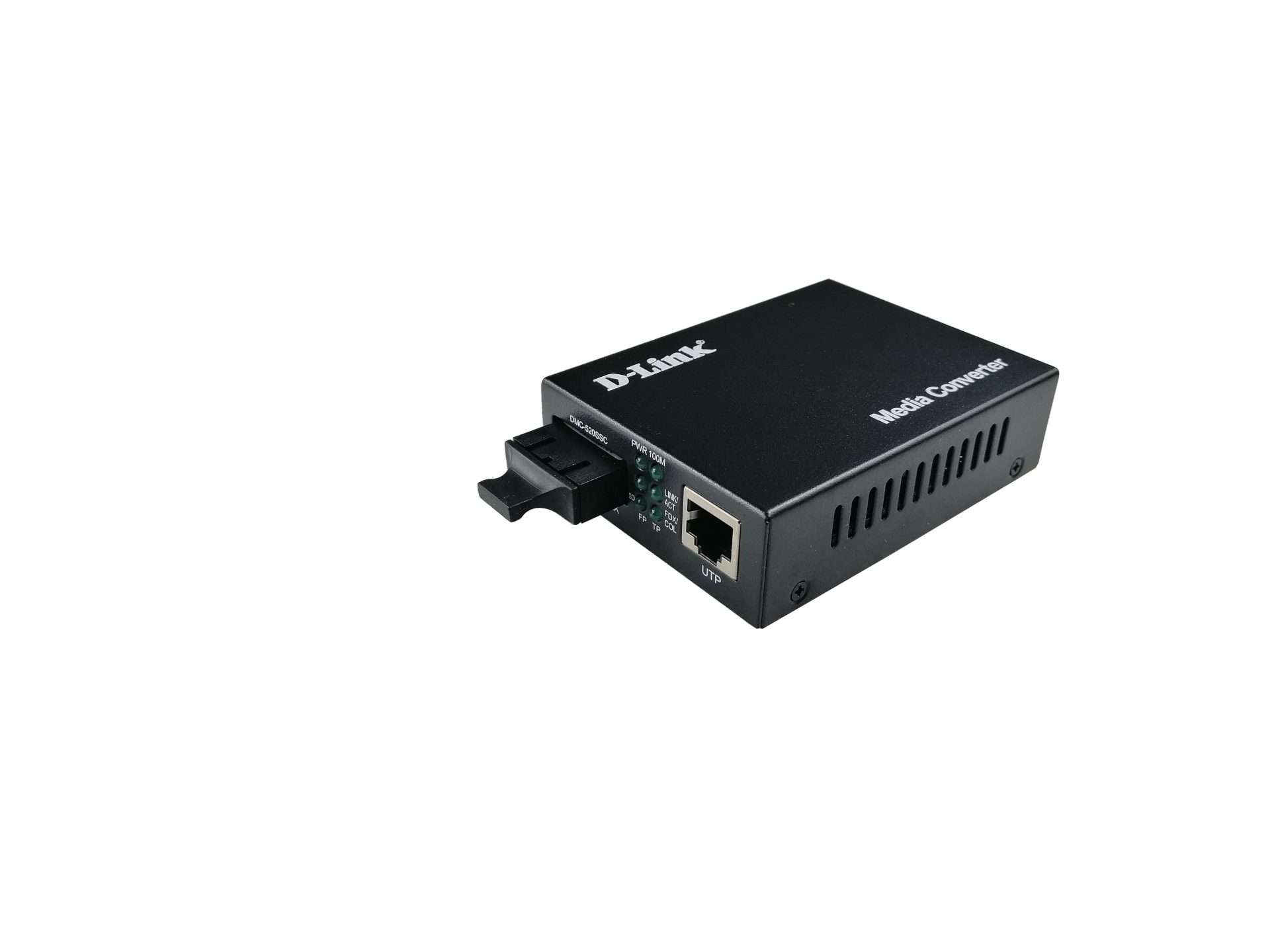 D-Link DMC-540SSC fiber media converter front panel view D-Link DMC-540SSC showing RJ-45 and SC fiber ports D-Link DMC-540SSC compact metal housing side view Fiber cable connected to D-Link DMC-540SSC SC port LED indicators on D-Link DMC-540SSC during operation D-Link DMC-540SSC installed in network rack or chassis