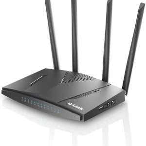 D-Link DWR-M921B/D1 4G LTE router front panel with antennas D-Link DWR-M921B/D1 rear view showing LAN and WAN ports SIM card slot on the D-Link DWR-M921B/D1 router D-Link DWR-M921B/D1 router setup with multiple connected devices D-Link DWR-M921B/D1 dual antenna design for stronger signal D-Link DWR-M921B/D1 router in a small office network setup
