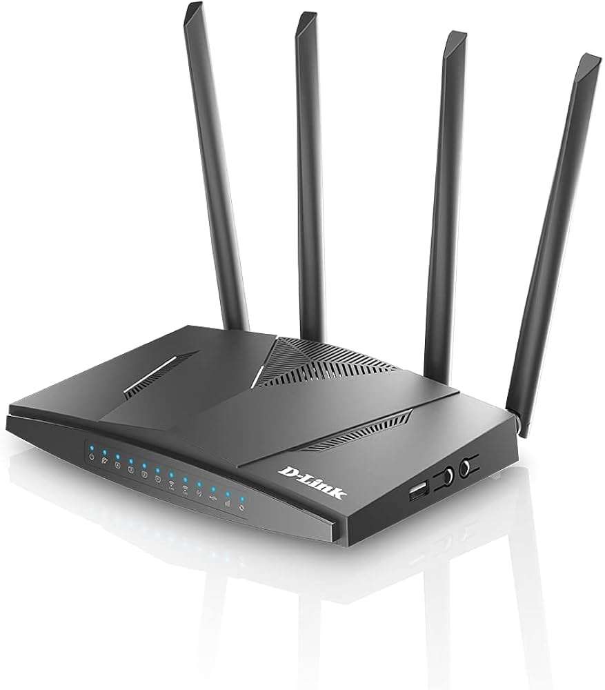 D-Link DWR-M921B/D1 4G LTE router front panel with antennas D-Link DWR-M921B/D1 rear view showing LAN and WAN ports SIM card slot on the D-Link DWR-M921B/D1 router D-Link DWR-M921B/D1 router setup with multiple connected devices D-Link DWR-M921B/D1 dual antenna design for stronger signal D-Link DWR-M921B/D1 router in a small office network setup