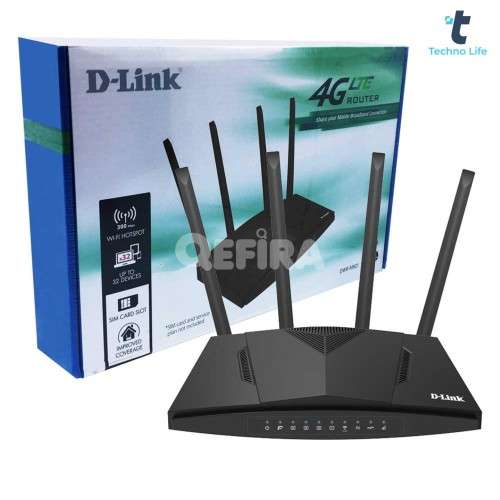 D-Link DWR-M921B/D1 4G LTE router front panel with antennas D-Link DWR-M921B/D1 rear view showing LAN and WAN ports SIM card slot on the D-Link DWR-M921B/D1 router D-Link DWR-M921B/D1 router setup with multiple connected devices D-Link DWR-M921B/D1 dual antenna design for stronger signal D-Link DWR-M921B/D1 router in a small office network setup