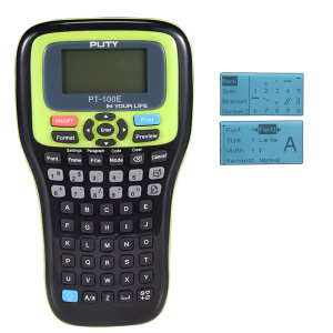 PT-100E portable handheld label printer front view PT-100E printer printing 12 mm label tape PT-100E Bluetooth label printer connected to smartphone PT-100E rechargeable mini printer on office desk PT-100E compact design for mobile label printing PT-100E label printer creating waterproof barcode labels