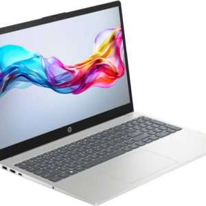 HP 15-fd0558nia front view with screen on HP 15-fd0558nia open showing keyboard and touchpad HP 15-fd0558nia left side ports HP 15-fd0558nia right side angle HP 15-fd0558nia closed natural silver lid HP 15-fd0558nia 15.6-inch display