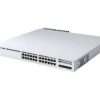 Cisco C9300L-24P-4G-E 24 port PoE+ switch front panel Cisco Catalyst 9300L switch with SFP uplinks Enterprise Cisco switch rack installation Cisco 24 port Gigabit PoE+ switch setup Catalyst 9300L series switch ports close view Cisco network switch rear panel and power supply