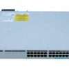 Cisco C9300L-24P-4G-E 24 port PoE+ switch front panel Cisco Catalyst 9300L switch with SFP uplinks Enterprise Cisco switch rack installation Cisco 24 port Gigabit PoE+ switch setup Catalyst 9300L series switch ports close view Cisco network switch rear panel and power supply