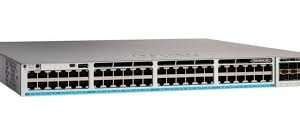 Cisco C9300L-48P-4G-E 48 port PoE+ switch front view Catalyst 9300L 48 port switch with SFP uplinks Cisco enterprise switch rack mounted installation 48 port Gigabit PoE+ switch ports closeup Cisco Catalyst switch rear panel and power supply Cisco network switch in data center setup