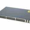 Cisco WS-C3750-48PS-S 48 port PoE switch front view Cisco Catalyst 3750 switch with SFP ports 48 port Cisco PoE switch rack mounted Cisco enterprise network switch rear panel Catalyst 3750 series switch installation Cisco switch ports and SFP uplinks closeup