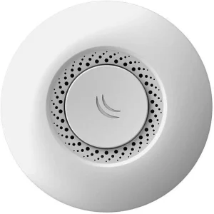 MikroTik cAP-2nD ceiling mounted access point cAP-2nD installed on office ceiling MikroTik wireless access point indoor setup cAP-2nD dual ethernet ports view MikroTik RouterBOARD ceiling WiFi device minimalist ceiling WiFi access point design