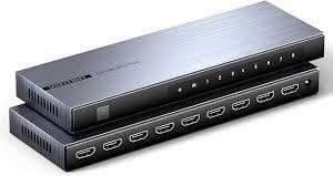 Vention 1x8 HDMI splitter black aluminum 4K HDMI splitter with 8 outputs HDMI splitter ports front view Multi display HDMI distribution device Aluminum HDMI splitter Vention AKQBO HDMI splitter setup with multiple screens