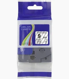 Brother TZC-S121 9mm black on clear label cartridge Compatible laminated label tape for Brother printers Clear label tape with black print 9mm labeling tape cartridge close-up Label tape installed in printer Durable laminated label for office use
