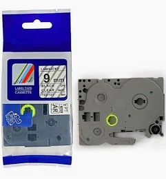 Brother TZC-S121 9mm black on clear label cartridge Compatible laminated label tape for Brother printers Clear label tape with black print 9mm labeling tape cartridge close-up Label tape installed in printer Durable laminated label for office use