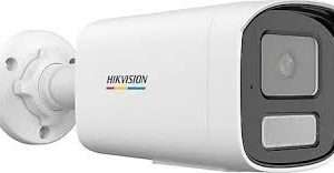 Hikvision 2MP ColorVu bullet camera outdoor نصب DS-2CD1T27G2H-LIUF security camera front view Hikvision ColorVu night vision full color image example Outdoor IP67 Hikvision bullet CCTV camera mounted Smart hybrid light security camera Hikvision model Hikvision surveillance camera with built-in microphone