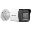 Hikvision 4MP ColorVu bullet camera mounted outdoors on wall Smart hybrid light CCTV camera with white light night surveillance Hikvision IP bullet camera showing full color night vision footage Close-up of built-in microphone on Hikvision ColorVu camera Outdoor weatherproof IP67 Hikvision security camera installation Hikvision 4MP bullet camera monitoring driveway with AI detection