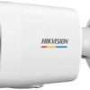 Hikvision 4MP ColorVu bullet camera mounted outdoors on wall Smart hybrid light CCTV camera with white light night surveillance Hikvision IP bullet camera showing full color night vision footage Close-up of built-in microphone on Hikvision ColorVu camera Outdoor weatherproof IP67 Hikvision security camera installation Hikvision 4MP bullet camera monitoring driveway with AI detection