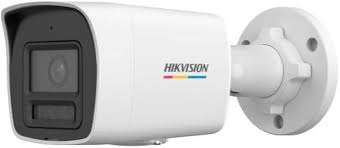 Hikvision 4MP ColorVu bullet camera mounted outdoors on wall Smart hybrid light CCTV camera with white light night surveillance Hikvision IP bullet camera showing full color night vision footage Close-up of built-in microphone on Hikvision ColorVu camera Outdoor weatherproof IP67 Hikvision security camera installation Hikvision 4MP bullet camera monitoring driveway with AI detection