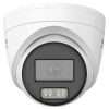 Hikvision 4MP ColorVu turret camera mounted on exterior wall Smart hybrid light CCTV camera with color night vision active Hikvision turret camera with siren and flashing strobe light Close-up of lens and built-in microphone speaker system Outdoor IP67 waterproof Hikvision security camera in rain Full-color night surveillance footage from Hikvision ColorVu camera