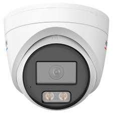 Hikvision 4MP ColorVu turret camera mounted on exterior wall Smart hybrid light CCTV camera with color night vision active Hikvision turret camera with siren and flashing strobe light Close-up of lens and built-in microphone speaker system Outdoor IP67 waterproof Hikvision security camera in rain Full-color night surveillance footage from Hikvision ColorVu camera