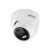 Hikvision 4MP ColorVu turret camera mounted on exterior wall Smart hybrid light CCTV camera with color night vision active Hikvision turret camera with siren and flashing strobe light Close-up of lens and built-in microphone speaker system Outdoor IP67 waterproof Hikvision security camera in rain Full-color night surveillance footage from Hikvision ColorVu camera